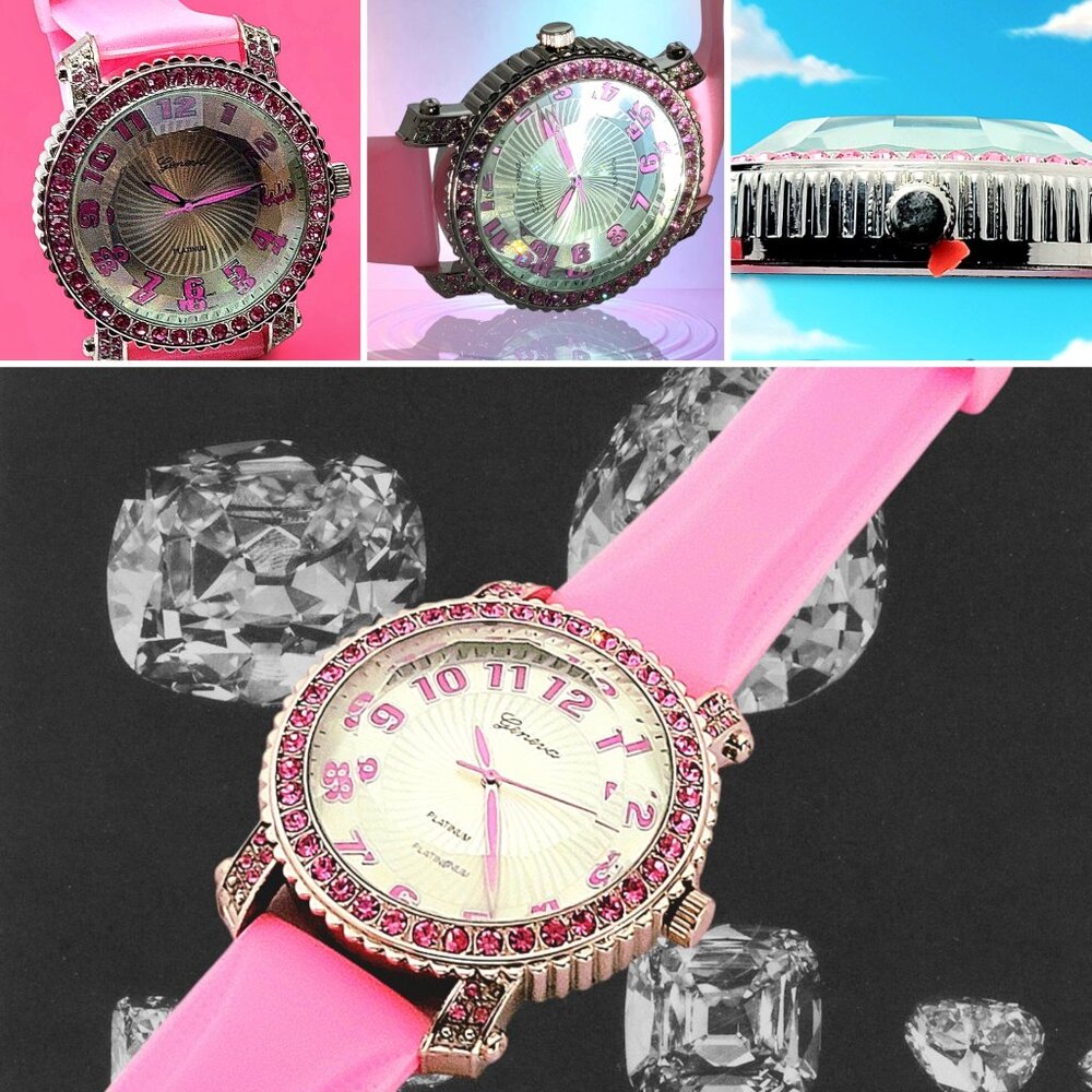 Pink Iced Out Diamond Bezel watch w/ pink CZ stones Silicone band